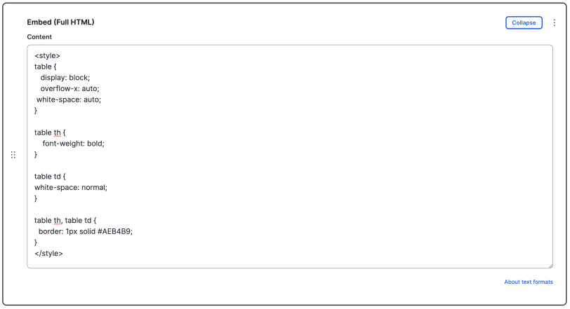 Custom table CSS code
