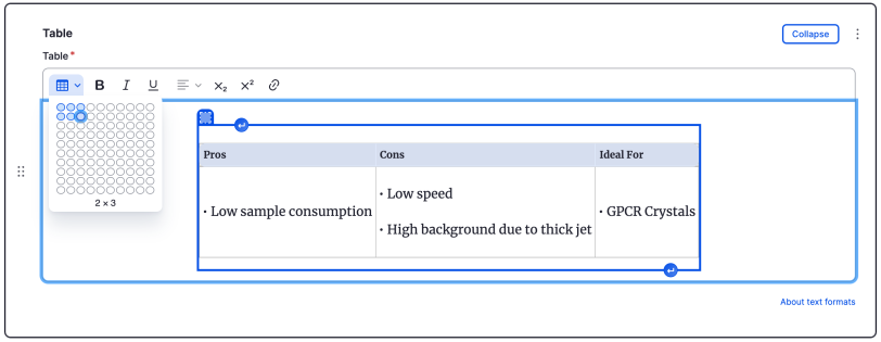 Set table columns and rows