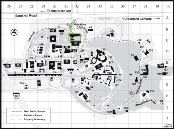 SLAC map with main gate and building 53 labeled